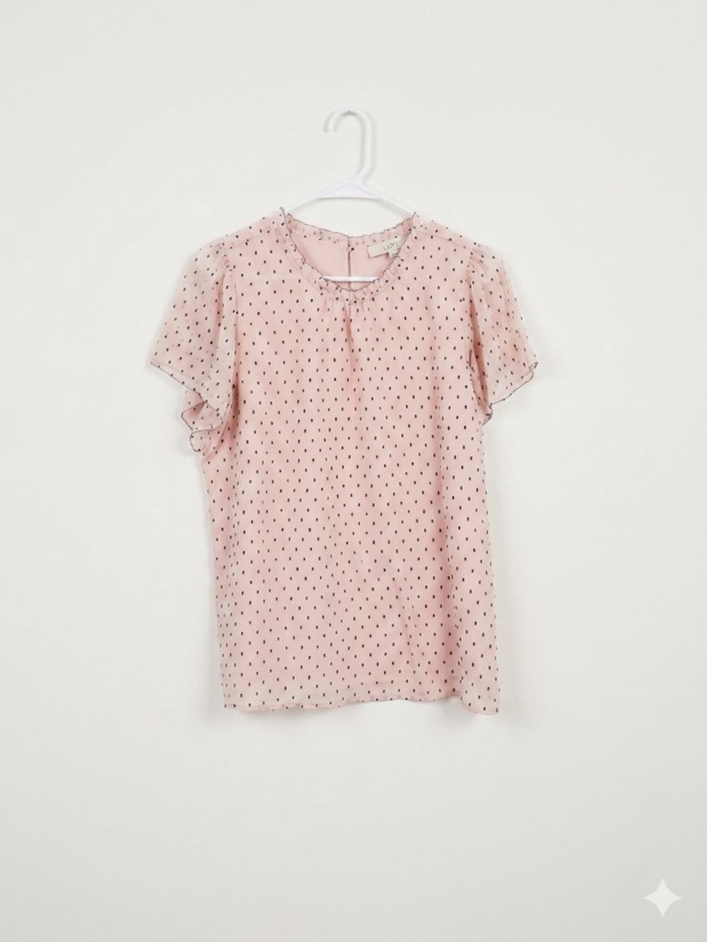 LOFT Pastel Pink & Black Polka Dot Blouse | Flutter Sleeve | Medium